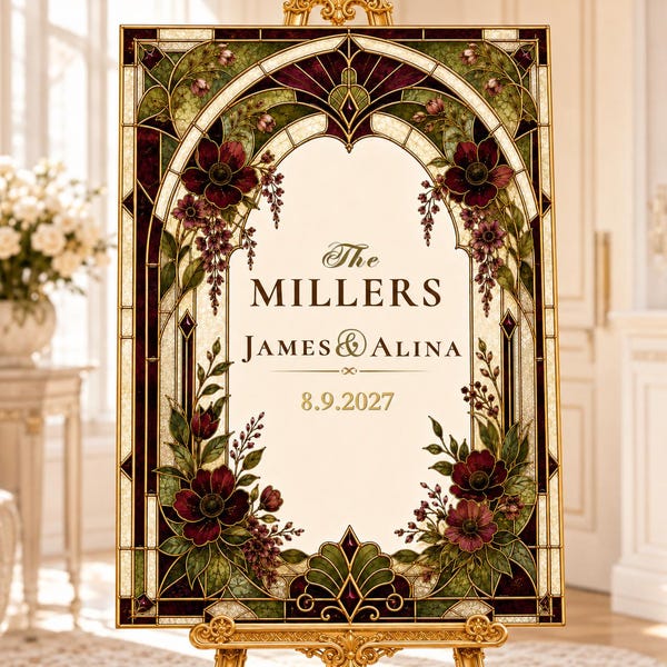 Last Name Wedding Sign, Faux Stained Glass Editable Canva Template, Burgundy Floral DIY Acrylic Tracing Pattern, 8 Sizes