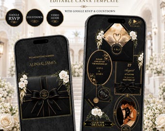 Schwarz Gold Hochzeit Website Vorlage, Rsvp Form, Live Countdown, Canva Bearbeitbare Einladung (Digitaler Download)