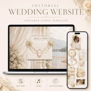May include: An editorial wedding website editable Canva template displayed on a laptop and smartphone. The screen shows a cream-colored invitation design with floral accents, text reading James & Alina, and a Click To Open button.