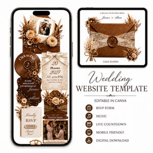 Rustic Boho Wedding Website Template, Editable Canva Invitation  with RSVP Form, Music & Live Countdown, Rustic Wood (Digital Download)