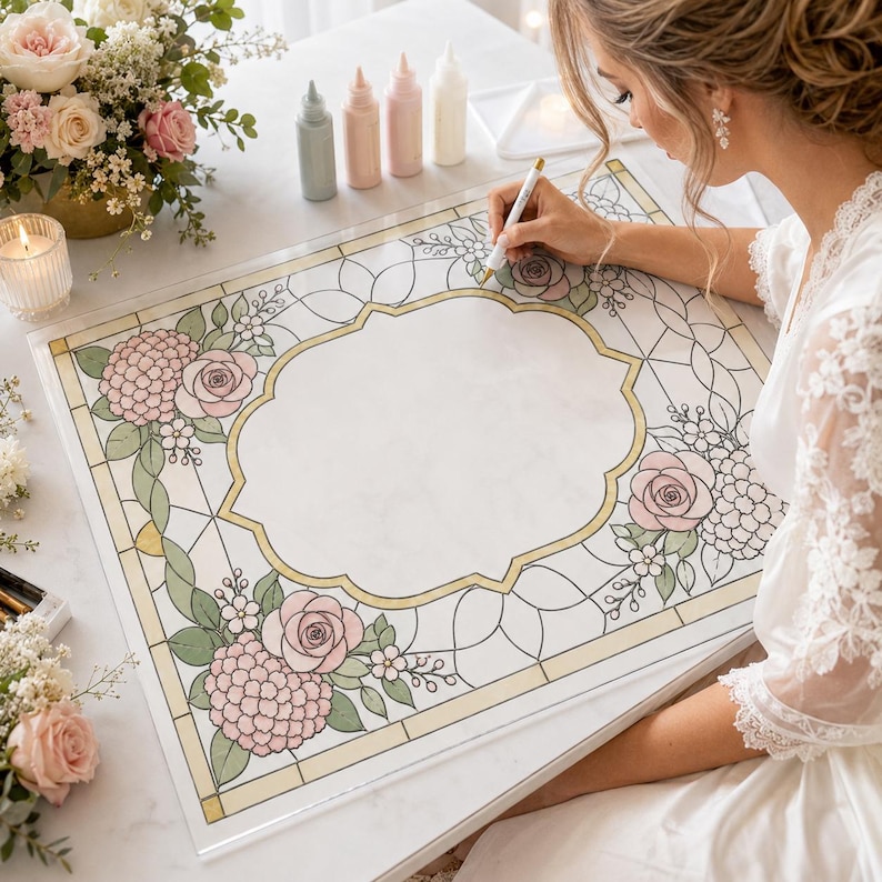 K&ouml;nnte beinhalten: Ein rechteckiges Acrylschild mit einem Rand im Buntglas-Stil, verziert mit rosa Rosen und gr&uuml;nen Bl&auml;ttern, das einen leeren Bereich in der Mitte umschlie&szlig;t. Das Design zeigt goldfarbene Konturen auf einer klaren, glatten Oberfl&auml;che.