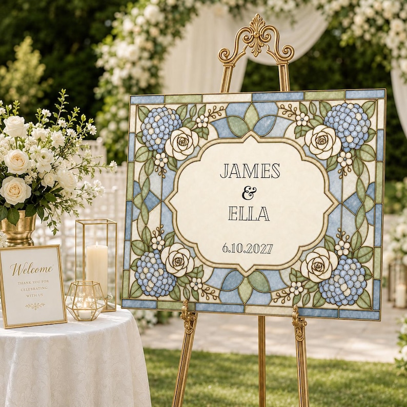 K&ouml;nnte beinhalten: Ein rechteckiges Hochzeitsschild auf einer goldenen Staffelei mit einem Buntglasmuster aus blauen Hortensien, wei&szlig;en Rosen und gr&uuml;nen Bl&auml;ttern. Das cremefarbene Mittelfeld zeigt den Text JAMES & ELLA und das Datum 6.10.2027 in schwarzer Schrift.