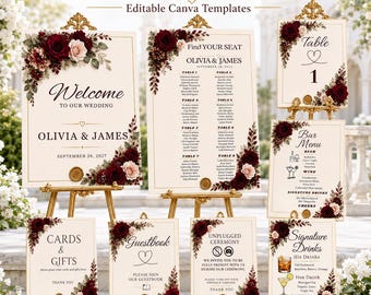 Burgunder-Hochzeitsschild-Bundle, bearbeitbare Canva-Hochzeitsschilder, bedruckbare Hochzeitsbeschilderung mit Blumen, alte Geldempfangsschilder