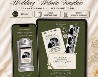 Olive Green Wedding Newspaper Save the Date Website: Canva Template with Guest Address Form, Countdown