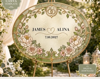 Faux Glasmalerei Hochzeitsschild Vorlage, bearbeitbares Canva Willkommensschild, bedruckbar, DIY Acrylhochzeitsdekor