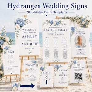 Può includere: Una collezione di cartelli per matrimoni con illustrazioni di ortensie blu e rose bianche. I cartelli includono testo per il benvenuto, il piano dei posti, un memoriale, il menu del bar, bevande, numero del tavolo, regali e un QR code.