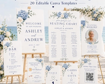 Staubige blaue Hortensien-Hochzeitsschilder-Bundle, bearbeitbare Canva-Vorlagen (digitaler Download)