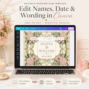 K&ouml;nnte beinhalten: Eine bearbeitbare Hochzeits-Schildvorlage auf einem Laptop-Bildschirm mit einem Buntglas-Blumenrand aus rosa Rosen und gr&uuml;nen Bl&auml;ttern. Der mittlere Text lautet OLIVIA & WILLIAM und 09.14.2025. Die Benutzeroberfl&auml;che zeigt Canva-Bearbeitungstools.