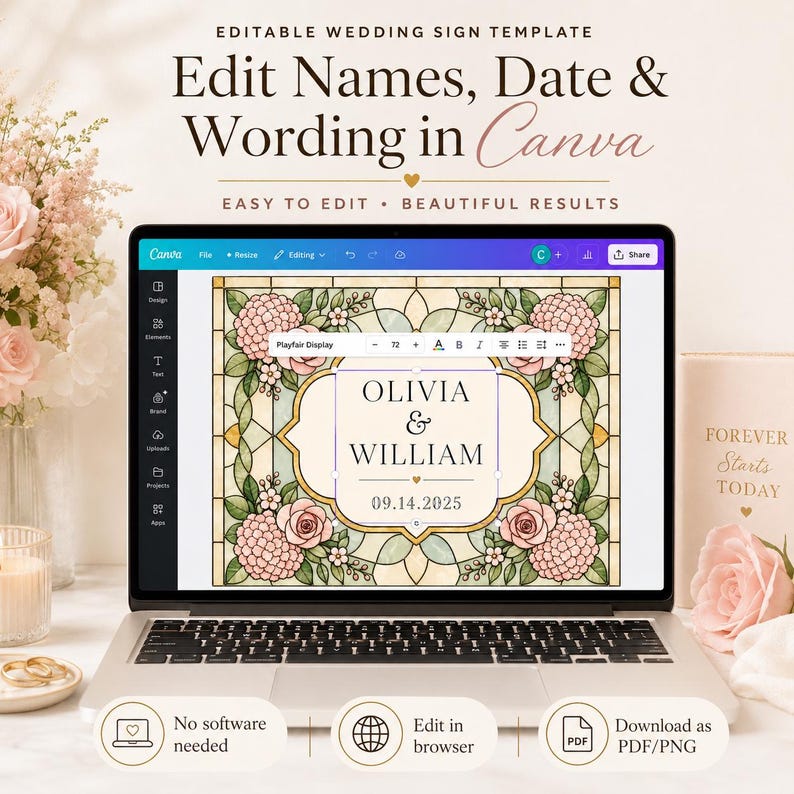 K&ouml;nnte beinhalten: Eine bearbeitbare Hochzeits-Schildvorlage auf einem Laptop-Bildschirm mit einem Buntglas-Blumenrand aus rosa Rosen und gr&uuml;nen Bl&auml;ttern. Der mittlere Text lautet OLIVIA & WILLIAM und 09.14.2025. Die Benutzeroberfl&auml;che zeigt Canva-Bearbeitungstools.
