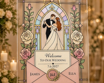 Faux Glasmalerei Hochzeit Willkommensschild Vorlage, bearbeitbare Canva, druckbares DIY Muster