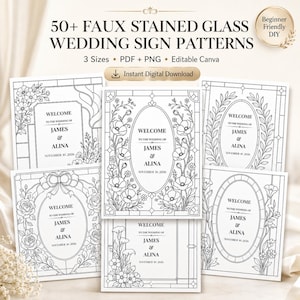 Op de afbeelding: Een collectie van 50+ faux glas-in-lood trouwbordpatronen met bloemmotieven en de tekst Welcome to the wedding of James & Alina November 10, 2026. Deze digitale bestanden zijn beschikbaar in PDF- en PNG-formaten voor gebruik in Canva.