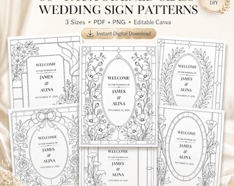Stained Glass Wedding Welcome Sign Template Bundle, 53 Faux Stained Glass Patterns, Editable Canva, PDF + PNG, 3 Sizes