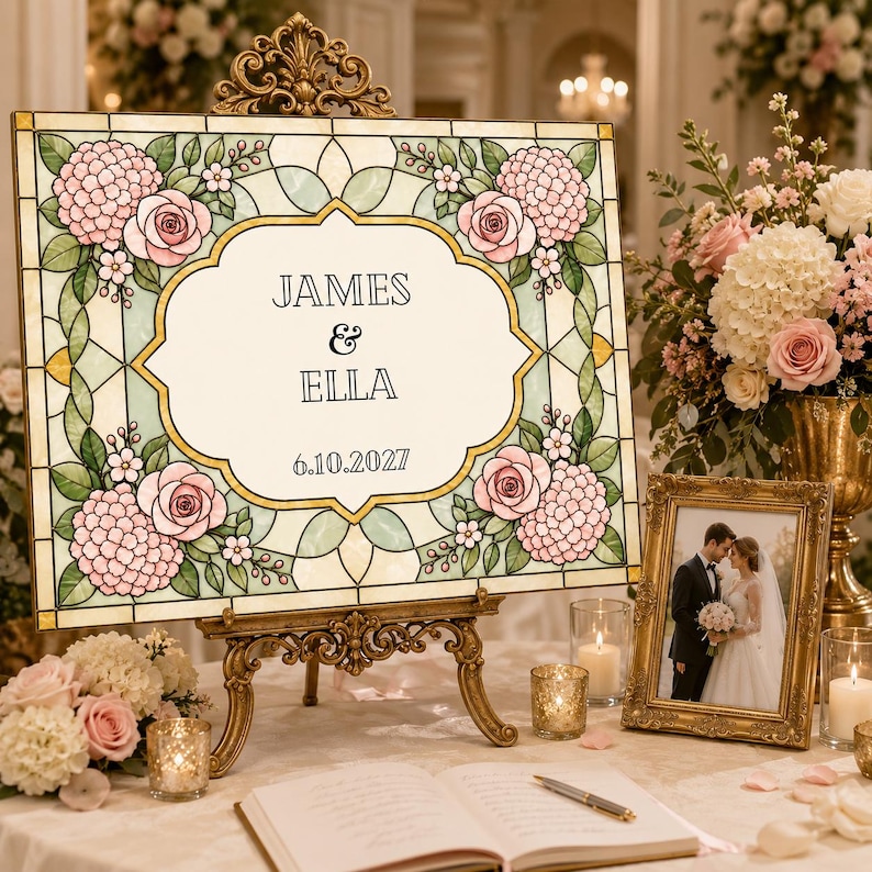 K&ouml;nnte beinhalten: Ein rechteckiges Schild mit einem Buntglasmuster, das in den Ecken rosa Rosen und Hortensienbl&uuml;ten zeigt. In der Mitte befindet sich ein wei&szlig;es Feld mit dem Text JAMES & ELLA und dem Datum 6.10.2027. Das Schild steht auf einer verzierten goldenen Staffelei.