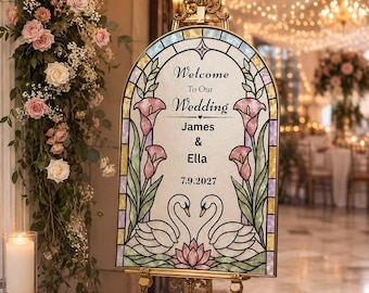Faux Stained Glass Hochzeit Willkommensschild Vorlage, Swan Lily, bearbeitbares Canva Willkommensschild (Digitaler Download)
