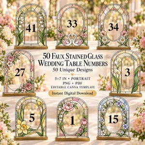 May include: A collection of 50 faux stained glass wedding table numbers in 5x7 inch portrait format. The designs feature arched frames with floral and animal motifs, including lilies, swans, roses, and daffodils, with numbers 1, 3, 5, 15, 27, 33, 34, and 41 displayed.