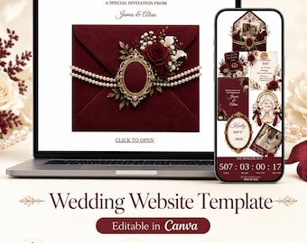Burgunderrote Hochzeit Website Template mit Antwortkarte, Musik & Countdown | Altes Geld Leinwand Digitale Hochzeitseinladung
