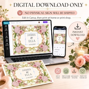K&ouml;nnte beinhalten: Eine digitale Hochzeitsvorlage auf einem Laptop- und Smartphone-Bildschirm mit einem floralen Buntglasrahmen aus rosa Rosen und Hortensien. Der Text lautet "JAMES & ELLA" und "6.10.2027". Enth&auml;lt Symbole zum Bearbeiten und Herunterladen.