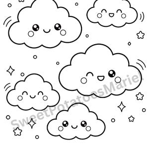 Puede incluir: Una página para colorear en blanco y negro con cuatro nubes de estilo kawaii con caras sonrientes, mejillas rosadas y expresiones de guiño, rodeadas de varias estrellas y círculos, con el texto SweetPotatoesMarie y la palabra CLOUDS abajo.