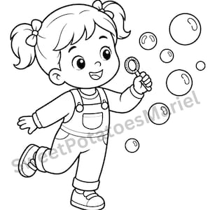 Puede incluir: Una ilustración de arte lineal en blanco y negro de un niño con coletas que lleva un peto y una camisa de manga larga, sosteniendo una varita de burbujas y soplando burbujas. El texto SweetPotatoesMoriel es visible en el centro, CHILD abajo.