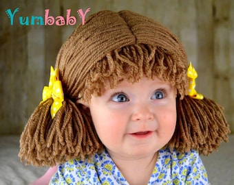 Halloween Costume, Kids Costumes, Cabbage Patch Wig Pigtail Baby Hat Brown Beanie Wigs
