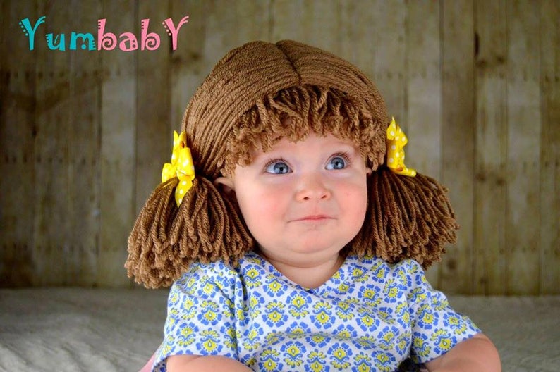 Halloween Costume, Kids Costumes, Cabbage Patch Wig Pigtail Baby Hat Brown Beanie Wigs image 2