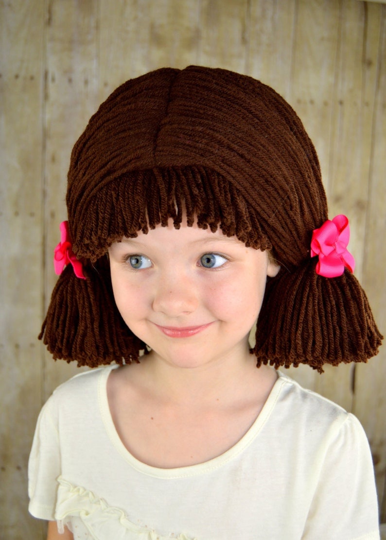 Halloween Costume, Kids Costumes, Cabbage Patch Wig Pigtail Baby Hat Brown Beanie Wigs image 3