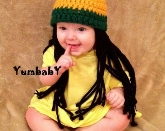 Baby Hats Rasta hat Photo Props Toddler Costume, Beanie Wig, Yellow Green Rasta, Baby Rasta Dreads, Black Dreadlocks, Baby Wig