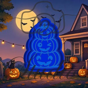 May include: A blue, three-tiered pumpkin-shaped cookie cutter featuring stacked jack-o'-lantern faces with varying expressions, including a smiling top pumpkin, a winking middle pumpkin, and a grinning bottom pumpkin, set against a Halloween scene.