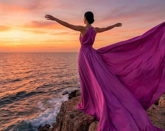 Lila Flying Kleid Frauen, Infinity Kleid, langes Flying Kleid, Fotoshooting Kleid, langes Zugkleid, Strandkleid für Frauen, Satin Maxikleid