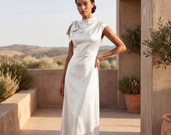 White Satin Dress, Bridal Shower Dress, Civil Wedding Dress, Reception Dress, Midi Wedding Dress, Elegant White Dress with bow