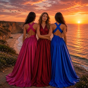 Puede incluir: Tres mujeres con elegantes vestidos largos se encuentran juntas, con vistas a una playa al atardecer. Los vestidos son en tonos fucsia, burdeos y azul real, con la espalda descubierta y faldas amplias. El cielo está encendido con tonos naranja y dorado.