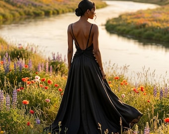 Black Maxi Dress, Satin Bridesmaid Dress, Black Evening Dress,Wedding Guest Dress,Backless Bridesmaid Dress,Long Black Dress,Plus Size Dress