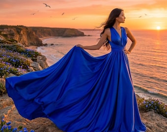 Vestido longo evasê feminino, vestido maxi azul acetinado, vestido longo evasê, vestido conversível para madrinhas, vestido infinito, vestido azul royal para madrinhas