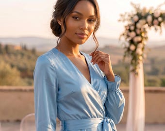Light blue bridesmaid dress with long sleeves, Blue Maxi Dress, Long Sleeve Wrap Dress, Wedding Guest Dress, Formal Maxi Dress, A line dress