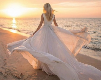 White Flying Dress Women, Satin Wedding Dress, Beach Wedding Gown, Flowy Bridal Dress, A Line Wedding Dress, Simple Satin Bridal Gown