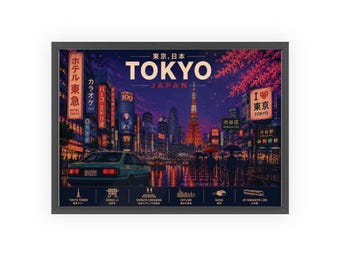 Poster di una strada notturna di Tokyo con cornice in legno / Quadro con paesaggio urbano giapponese