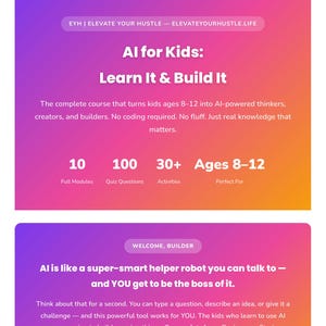 Może przedstawiać: Reklama kursu cyfrowego zatytułowana AI for Kids: Learn It & Build It, z tłem o gradiencie od fioletu do pomarańczu. Zawiera 10 modułów, 100 pytań quizowych, 30+ aktywności oraz przedział wiekowy 8-12 lat, z tekstem o sztucznej inteligencji.