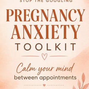 Może przedstawiać: Grafika w kolorze brzoskwiniowym z tekstem "Pregnancy Anxiety Toolkit". Tekst zawiera frazy "Stop the Spiral", "Stop the Googling" i "Calm your mind between appointments". Obecny jest również motyw serca i liści.