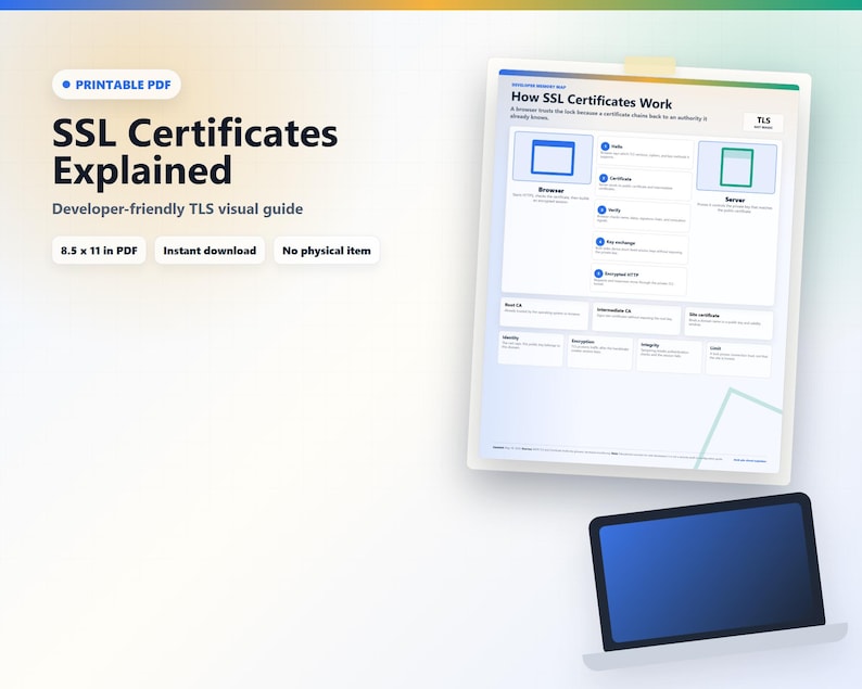Pode incluir: Um documento digital intitulado "SSL Certificates Explained" com o texto "Developer-friendly TLS visual guide". O documento tem 21,59 x 27,94 cm em formato PDF. Um segundo documento mostra "How SSL Certificates Work". Um laptop com tela azul tamb&eacute;m &eacute; vis&iacute;vel.