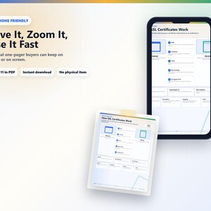 Pode incluir: An&uacute;ncio de um produto digital com um smartphone e um documento impresso. O texto diz "Save It, Zoom It, Use It Fast" e "How SSL Certificates Work". O documento tem 21,6 x 27,9 cm e est&aacute; dispon&iacute;vel para download imediato.