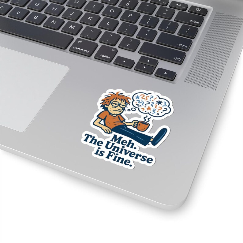 Nihilistic Humor Sticker - Quirky Character with Coffee, Existential Dread Gift afbeelding 2
