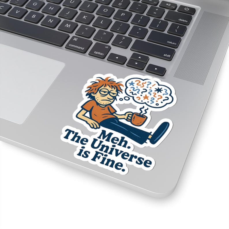 Nihilistic Humor Sticker - Quirky Character with Coffee, Existential Dread Gift afbeelding 5