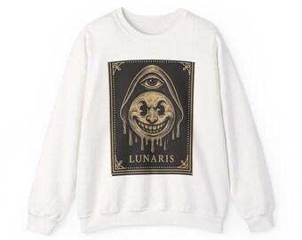 Sudadera con capucha estilo vintage con mascota de la luna de dibujos animados, Warped Grin Neo Pop Apparel
