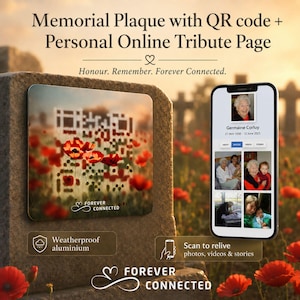 Personalized Memorial QR Code Plaque, Red Poppies Design, Online Tribute (Included)