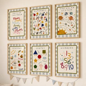 May include: Six educational wall art prints in light wooden frames, each featuring a blue and white striped border with red stars. The posters display Days of the Week, Alphabet, Solar System, Seasons, Shapes, and Numbers with colorful illustrations.
