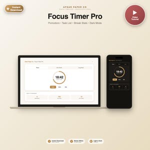 May include: Focus Timer Pro digital productivity tool featuring a laptop and smartphone displaying a Pomodoro timer, task list, and streak stats. The interface includes a circular timer set to 18:42, progress trackers, and options for light and dark modes.