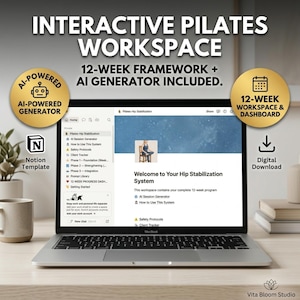 Pilates Hip Stabilization Notion Template | 12-Week Client Planner, AI Generator (Digital Download)