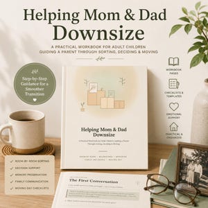 Op de afbeelding: Een werkboek getiteld Helping Mom & Dad Downsize met een illustratie van kartonnen dozen op de kaft. Het boek bevat secties voor het sorteren per kamer, besluitvormingsondersteuning, herinneringsbehoud en checklists voor de verhuisdag.