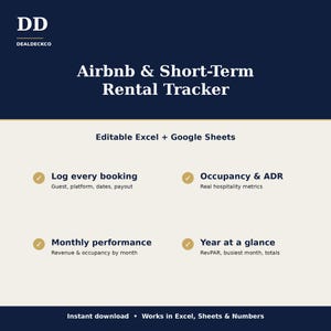 Airbnb-kalkylblad och spårning av korttidsuthyrning | Bokningslogg för korttidsuthyrning | Beläggning och intäkter | Excel och Google Sheets