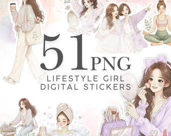 Lifestyle Girl Digital Stickers 51 Cute Kawaii Planner Stickers, Precropped PNG, Instant Download, iPad Journal Stickers
